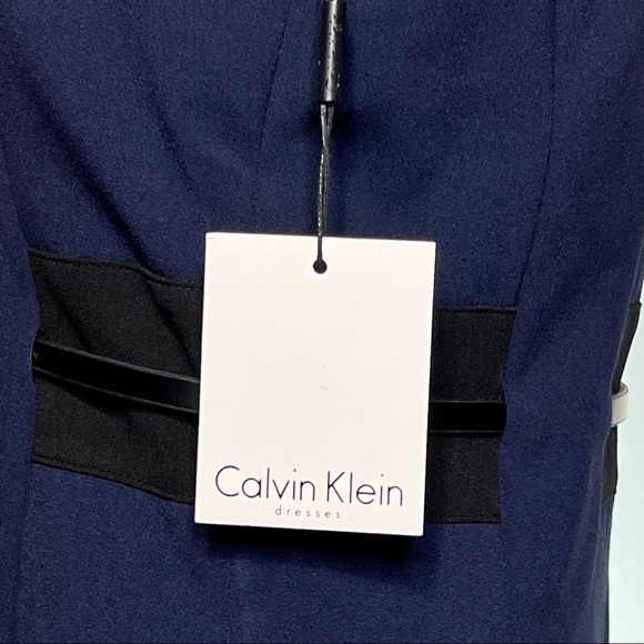 Calvin Klein Navy Blue Black & White Dress with Belt, Fully Lined, NWT - Picture 8 of 9